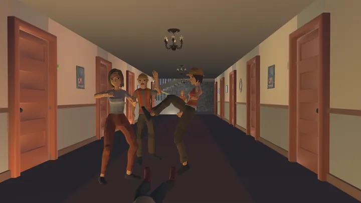 Three porters goofing off in a second-floor corridor while a fourth figure watches from further down.