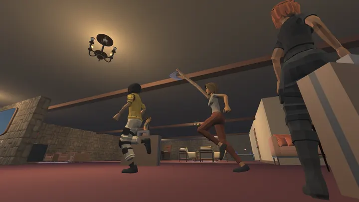 A guest flees across the lobby from a porter swinging an axe.