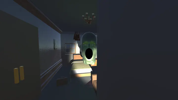 A pale, screaming head hangs in the doorway of a dark guest room.